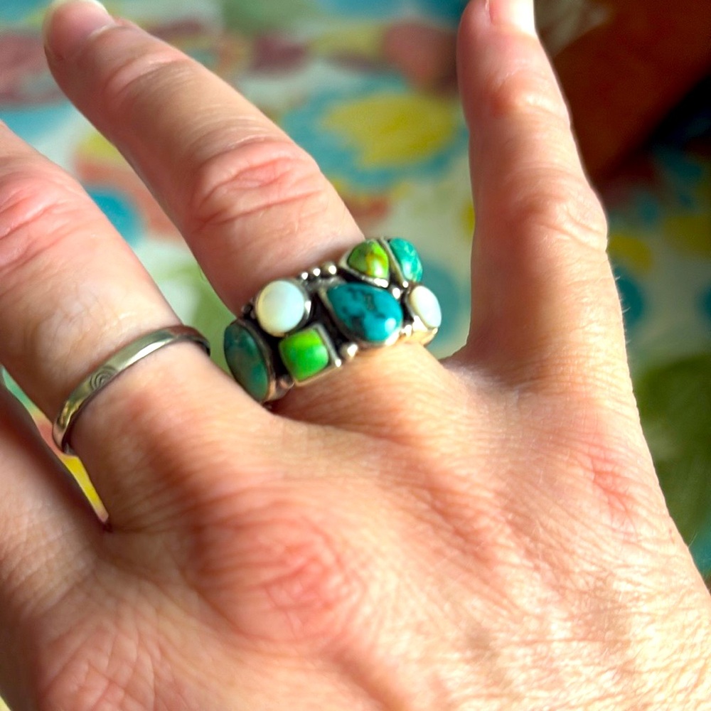 Sterling Silver Turquoise & Pearl Inlay Ring